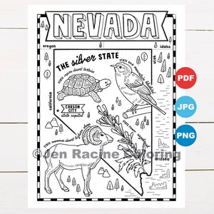 Pagina da colorare Nevada, Stati Uniti, mappa dello stato, fauna selvatica, simboli dello stato, fiori, pagine da colorare