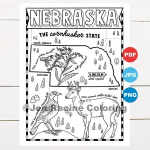 Pagina da colorare del Nebraska, Stati Uniti, mappa dello stato, fauna selvatica, simboli dello stato, fiori, pagine da colorare