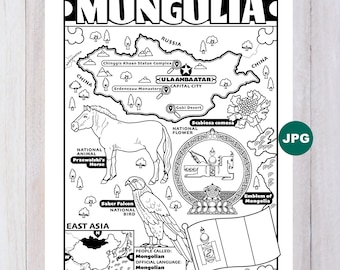 Mongolia Map Coloring Page, East Asia Geography (Digital Download)