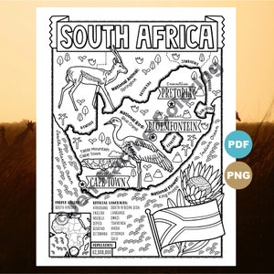 Página para colorear de Sudáfrica, Geografía de África, Página para colorear de descarga digital