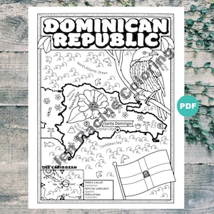 May include: A black and white coloring page featuring a map of the Dominican Republic. The map includes the capital city, Santo Domingo, the national bird, the national flower, and the Pico Duarte mountain. The page also includes a small map of the Caribbean and a flag of the Dominican Republic.