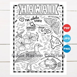 Pagina da colorare delle Hawaii, Stati Uniti, mappa dello stato, fauna selvatica, simboli dello stato, fiori, pagine da colorare