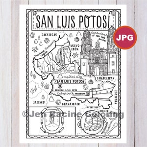 San Luis Potosi Coloriage Page, État du Mexique, Estados de Mexico, Drapeau, Nourriture, Monuments, Coloriage Page, JPG Télécharger