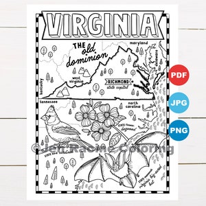 Pagina da colorare Virginia, Stati Uniti, mappa dello stato, fauna selvatica, simboli dello stato, fiori, pagine da colorare