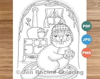 Woodland Wonder Coloring Page, Beaver home, floral, Scandinavian, sweater, hat, cozy coloring, coloring page for kids