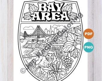 Bay Area California Coloring Page, Hand-Drawn Illustration (Digital Download)