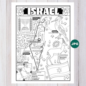 May include: Black and white illustrated map of Israel with the country's name at the top. The map includes the national flower, bird, and gazelle, along with the flag and the text "People Called: Israeli, Official Language: Hebrew, Population: 10 Million."