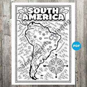 Kleurplaat Zuid-Amerika, geografie van Zuid-Amerika, kleurplaat digitale download