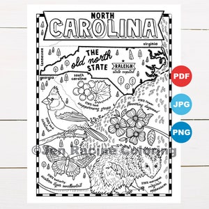 Pagina da colorare della Carolina del Nord, Stati Uniti, mappa dello stato, fauna selvatica, simboli dello stato, fiori, pagine da colorare