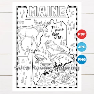 Maine Coloriage, États-Unis, Carte De L'état, Faune, Symboles D'état, Fleurs, Coloriages