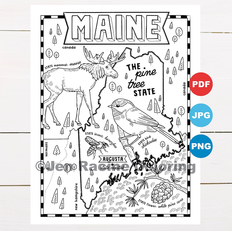 Maine Coloring Page, United States, State Map, Wildlife, State Symbols