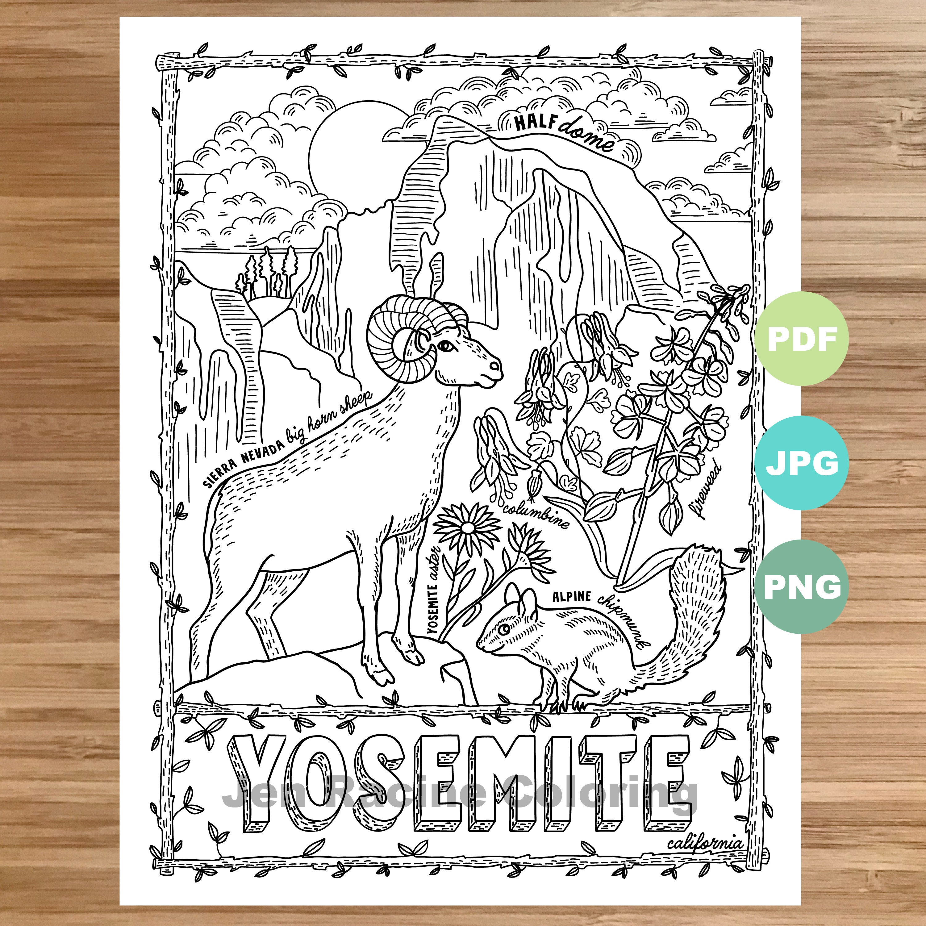 National Park Coloring Page Yosemite California National Etsy