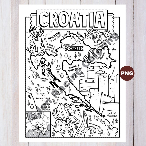 Croatia Coloring Page, Geography of Europe, Digital Download Coloring Page