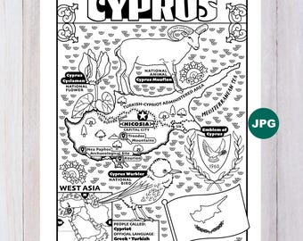 Cyprus Map Coloring Page, West Asia Geography (Digital Download)