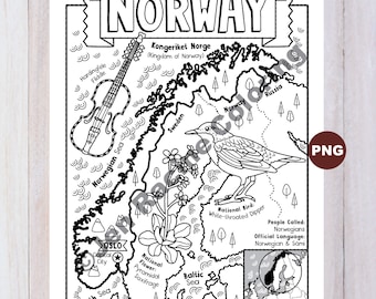 Norway Map Coloring Page, National Symbols (Digital Download)
