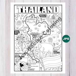 May include: Black and white line art map of Thailand with labeled landmarks, including Bangkok, Phuket, and Wat Rong Khun. Features the Thai flag, elephant, and text: "THAILAND". Includes text about the population and official language.