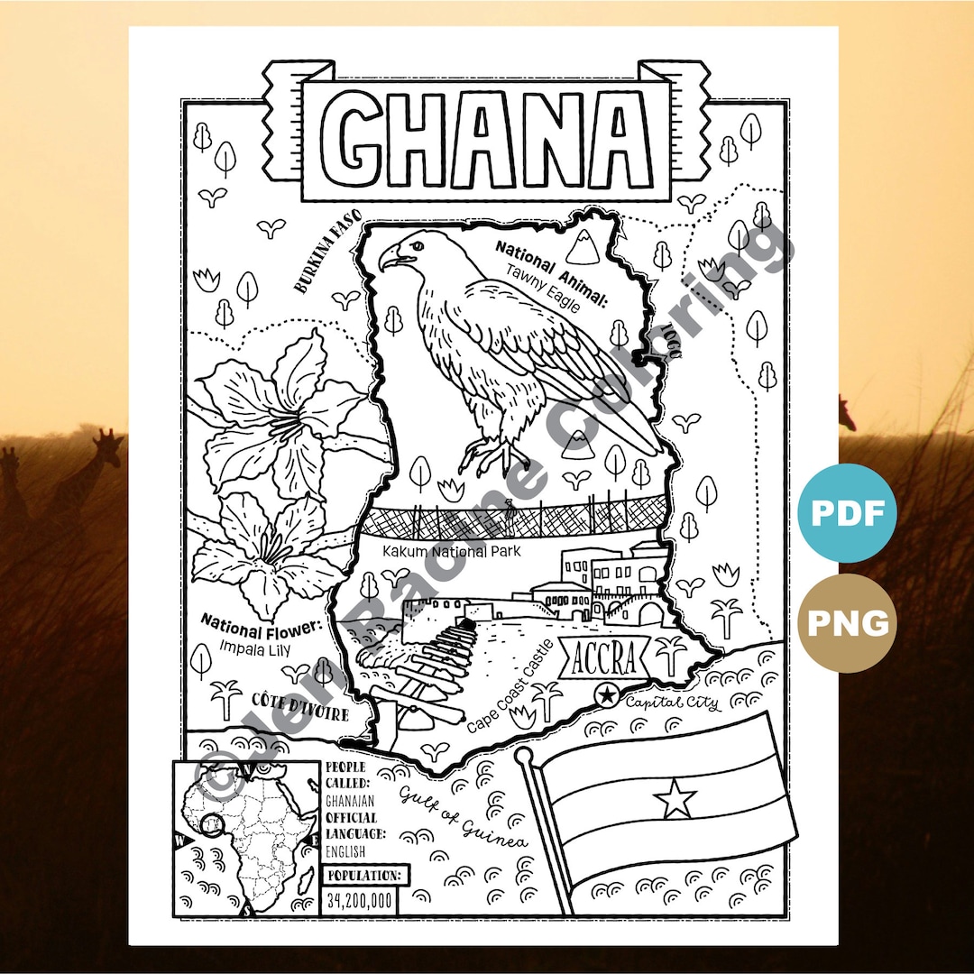 Ghana Coloring Page, Geography of Africa, Digital Download Coloring