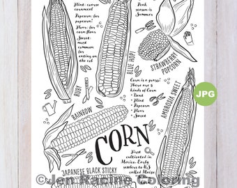 Corn Coloring Page, Vegetable Coloring Page, Garden, Gardening, Homegrown, Vegetable, Coloring Pages