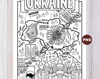 Ukraine Map Coloring Page, National Symbols (Digital Download)