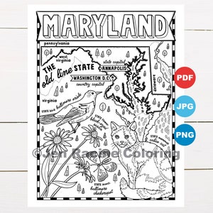 Pagina da colorare del Maryland, Stati Uniti, mappa dello stato, fauna selvatica, simboli dello stato, fiori, pagine da colorare