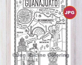 Guanajuato Coloring Page, Mexico State, Estados de Mexico, Flag, Food, Monuments, Coloring Page, JPG Download