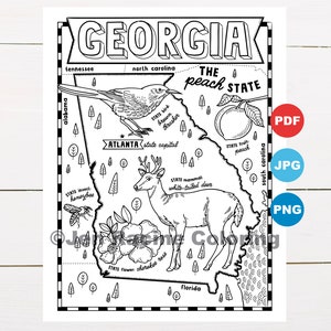 Página Para Colorear De Georgia, Estados Unidos, Mapa Del Estado, Vida Silvestre, Símbolos Estatales, Flores, Páginas Para Colorear