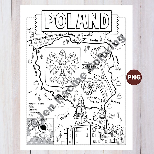 Poland Coloring Page, Geography of Europe, Digital Download Coloring Page