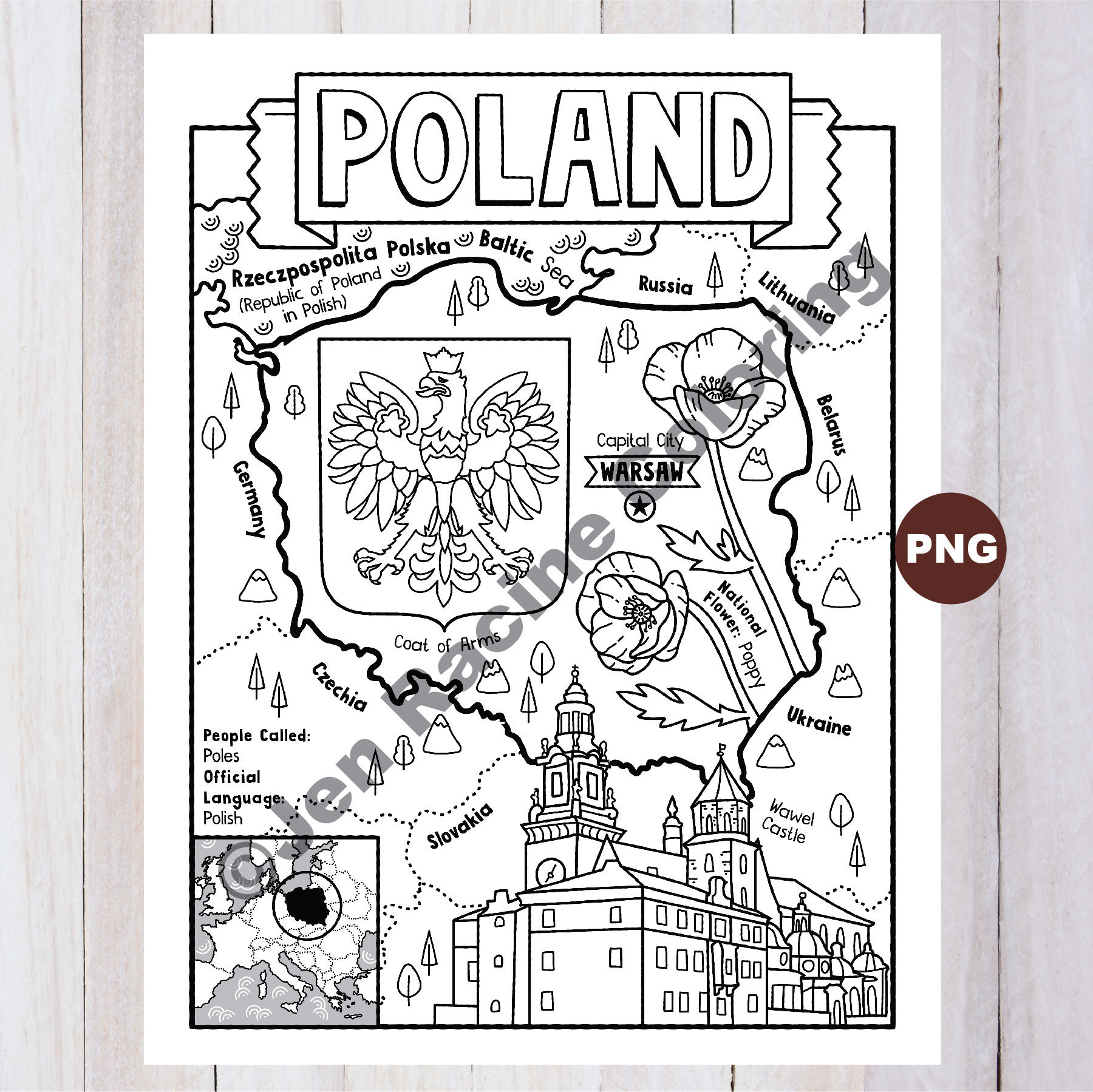Poland Coloring Page, Geography of Europe, Digital Download Coloring