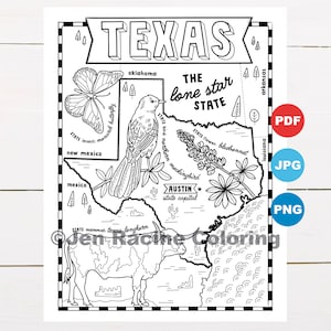 Pagina da colorare del Texas, Stati Uniti, Mappa dello Stato, Fauna selvatica, Simboli dello Stato, Fiori, Pagine da colorare