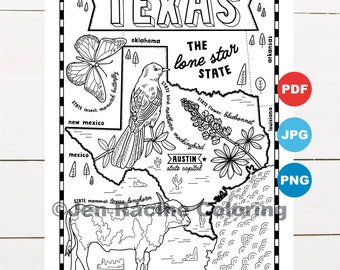 Texas Coloring Page, United States, State Map, Wildlife, State Symbols, Flowers, Coloring Pages