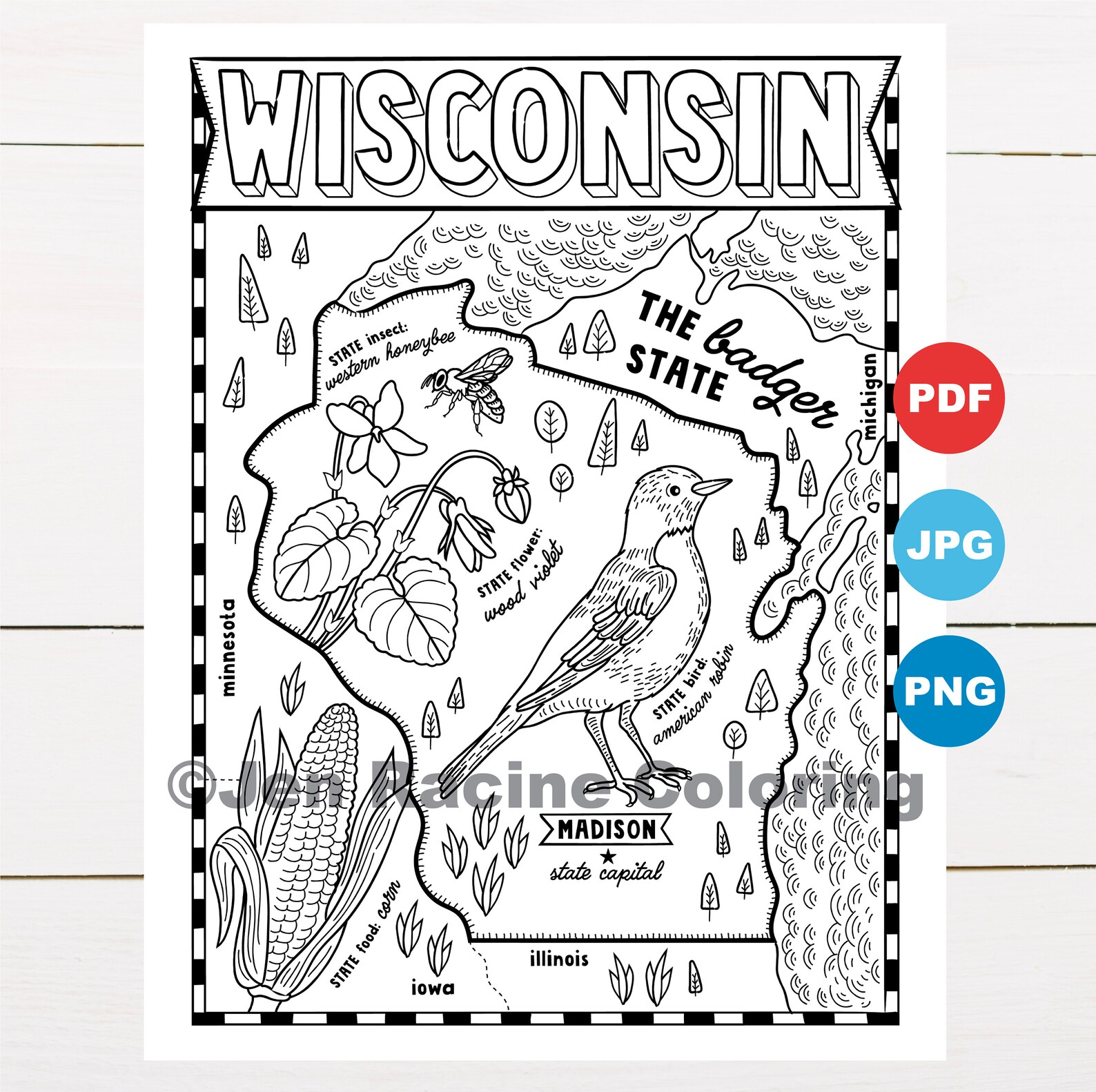 Wisconsin State Map Coloring Page, Wildlife, Symbols (PDF Download) - Etsy