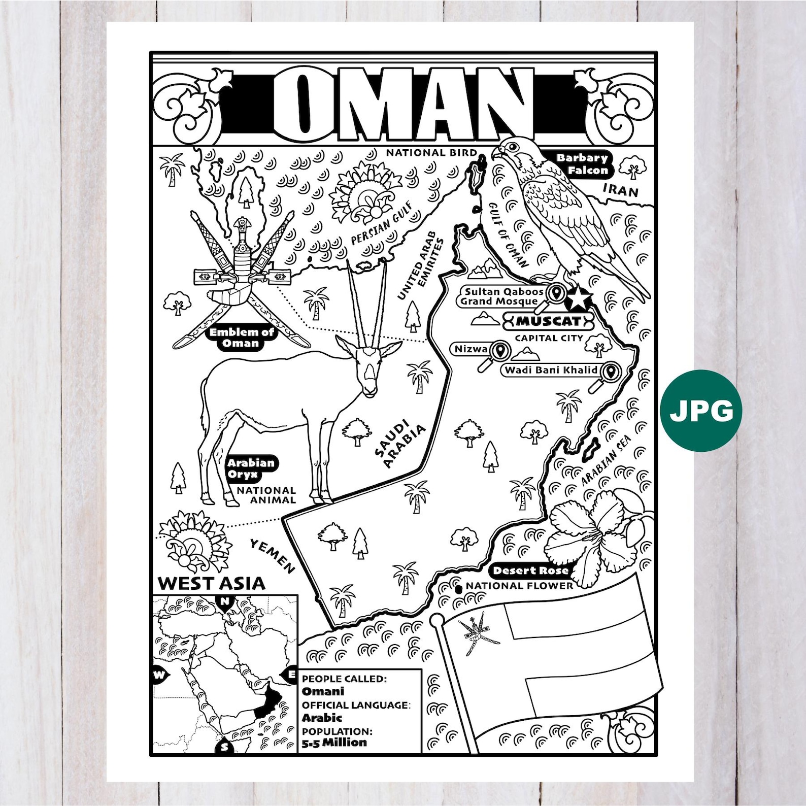 Oman Coloring Page, Geography of West Asia, Digital Download Coloring ...