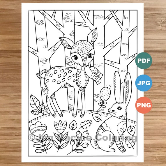 Woodland Wonder Coloring Page Fawn and Bunny floral
