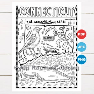 Connecticut Coloriage, États Unis, Carte D'état, Faune, Symboles D'état, Fleurs, Coloriages