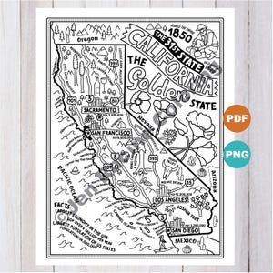 La carte de Golden State, Californie, coloriage, téléchargement numérique page à colorier