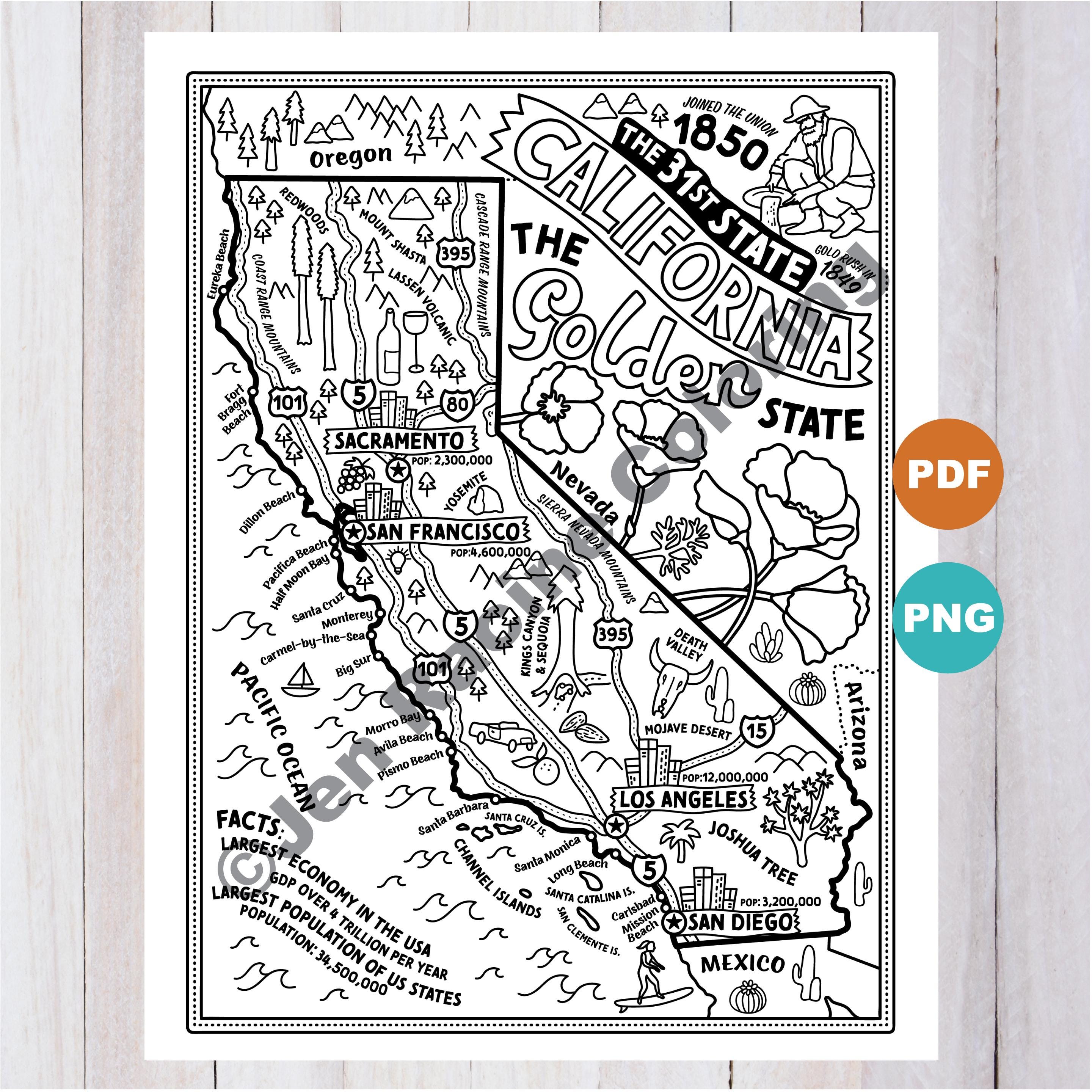 California Map Coloring Page, Major Roads, Sites (digital Download) - Etsy