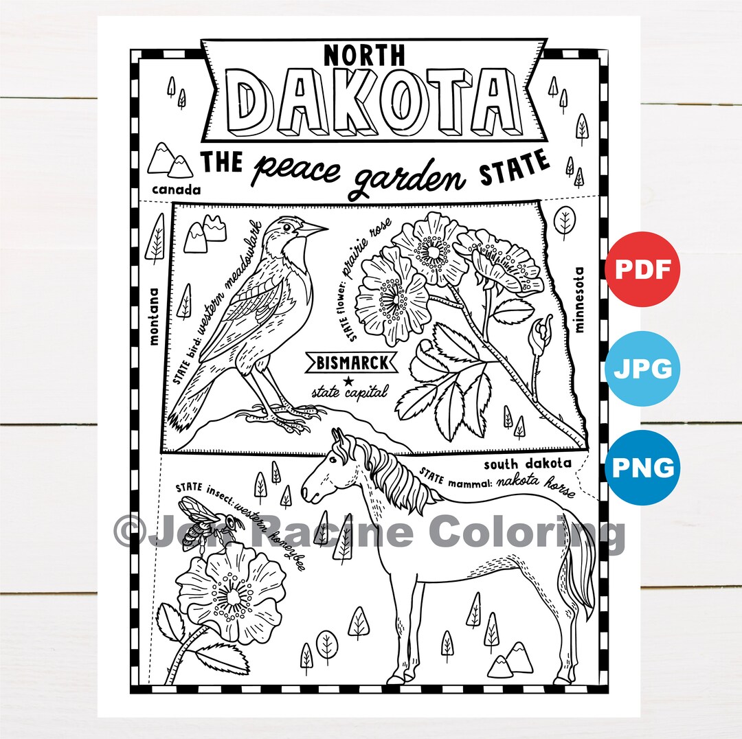 North Dakota Coloring Page, United States, State Map, Wildlife, State