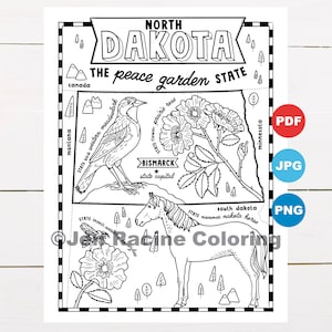 North Dakota Malseite, USA, State Map, Wildlife, State Symbole, Blumen, Malvorlagen
