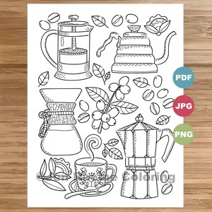 Coffee Coloring Page, Hygge, floral, Scandinavian, cozy coloring, coloring page