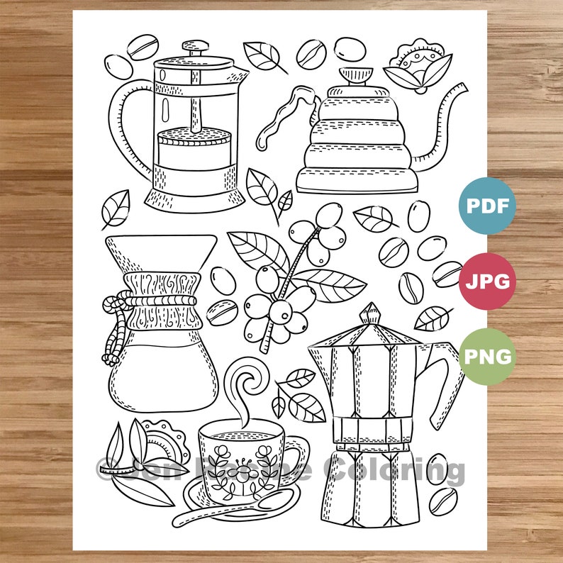 Coffee Coloring Page, Hygge, floral, Scandinavian, cozy coloring, coloring page image 1