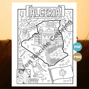 以下が含まれることがあります： アルジェリアの地図の白黒の線画で、上部に国の名前が大きく太字で書かれています。地図には首都アルジェと、アルジェ中央郵便局やムザブの絨毯など、その他の重要なランドマークが含まれています。地図には、国花であるアヤメと、国獣であるフェネックも描かれています。アルジェリアの人口は45,900,000人とされています。アルジェリアの国旗は地図の右下隅に描かれています。