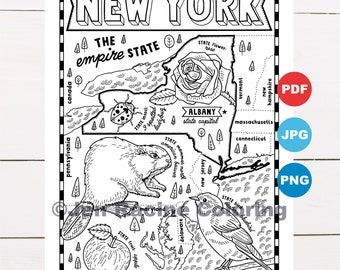 New York State Map Coloring Page, Wildlife & Symbols (PDF Download)