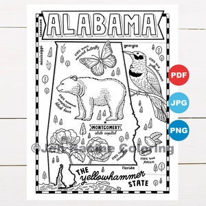 Pagina da colorare dell'Alabama, Stati Uniti, mappa dello stato, fauna selvatica, simboli dello stato, fiori, pagine da colorare
