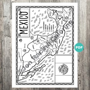 Könnte beinhalten: Eine Schwarzweiß-Umrisskarte von Mexiko mit Staatsgrenzen und Namen. Die Karte umfasst den Golf von Mexiko, den Golf von Kalifornien und den Pazifischen Ozean. Die Karte zeigt auch das Staatswappen von Mexiko.