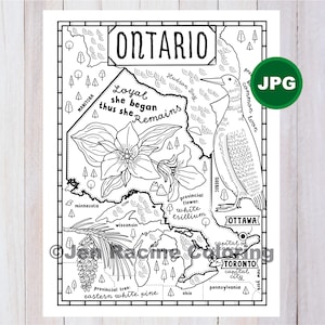 Pagina da colorare dell'Ontario, Canada, Provincia, Mappa provinciale, Fauna selvatica, Simboli, Fiori, Pagina da colorare, Download JPG