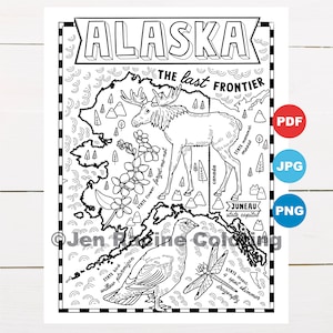 Alaska Ausmalbilder, USA, Karte, Wildtiere, Symbole des Bundesstaates, Blumen, Ausmalbilder