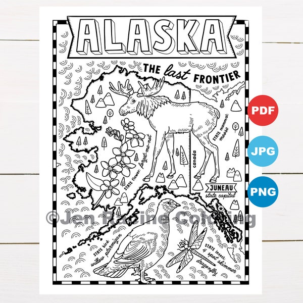 Alaska Coloring Page, United States, State Map, Wildlife, State Symbols, Flowers, Coloring Pages