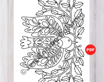 Scandinavian Christmas Coloring Page, Bird and Holly Branch