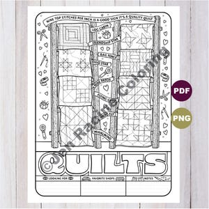 May include: Black and white line drawing of a quilt pattern chart. The chart displays various quilt block designs, including Log Cabin, Friendship Star, and Ohio Star. Text includes "Nine Top Stitches Per Inch Is A Good Sign It's A Quality Quilt."