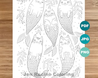 Mer-Kitties Coloring Page, Mermaid art, Coloring book printable, Coloring pages for adults,  Coloring pages for kids